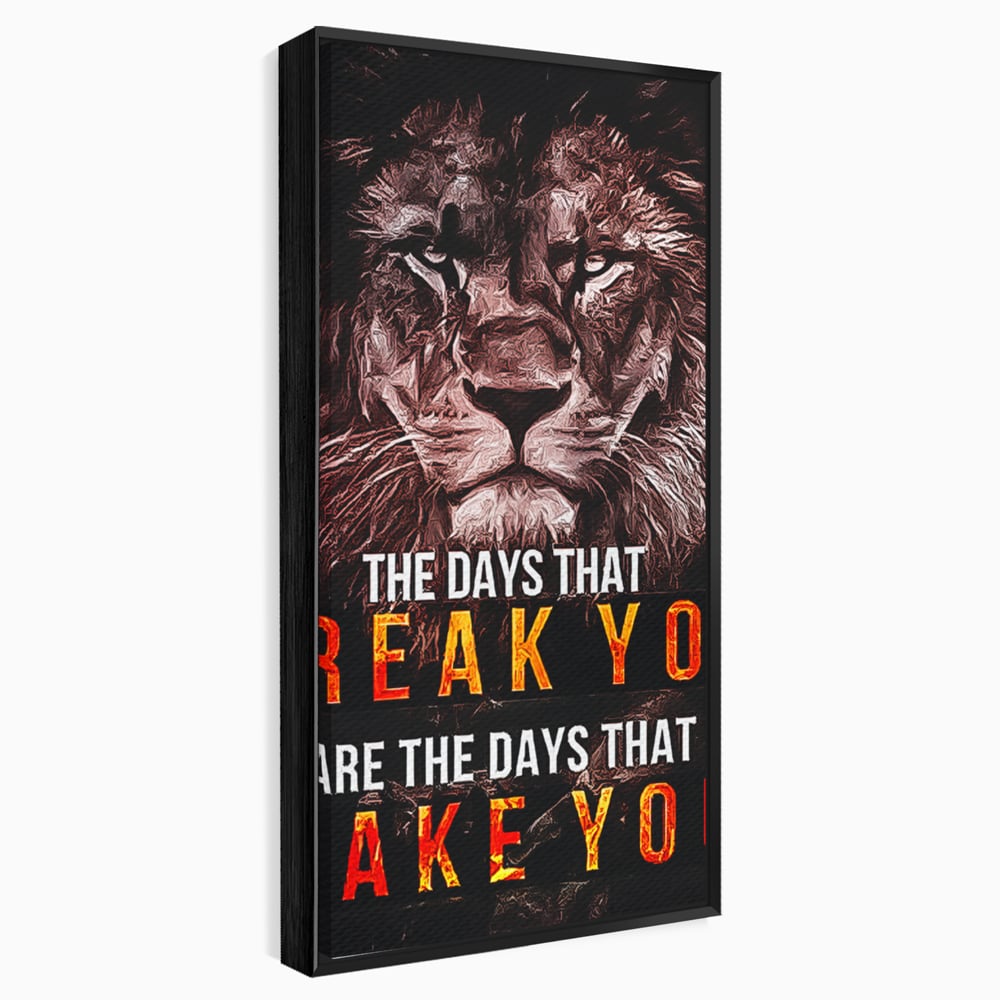 Tablou canvas cu tablou canvas cu leu si mesaj motivational, in rama de aluminiu negru
